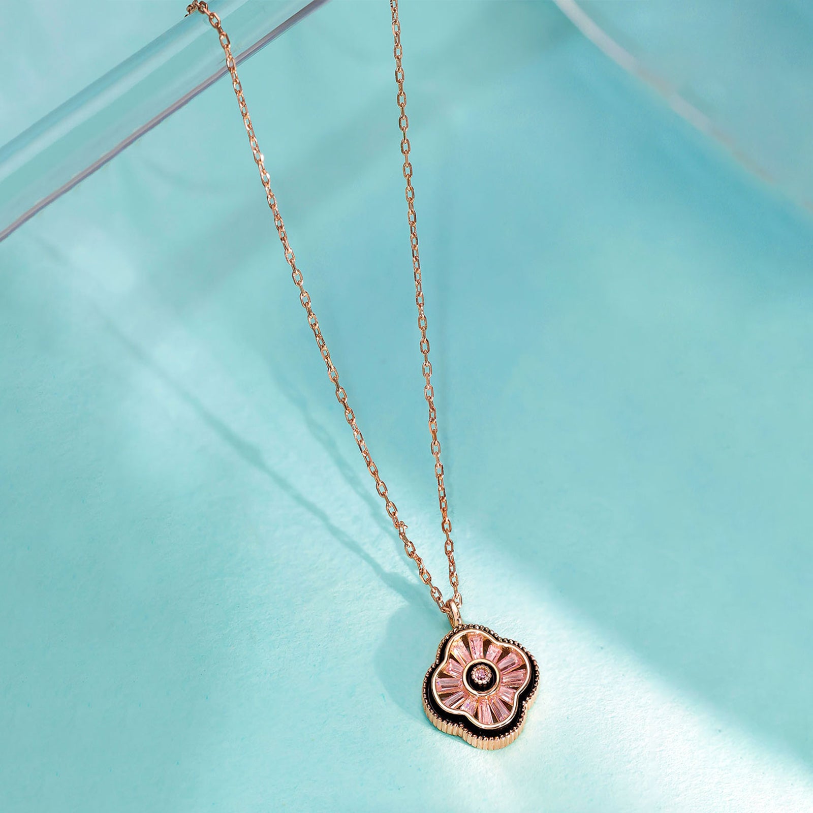 Silver Necklaces - Rose Gold Chain with Black Floral Pendant