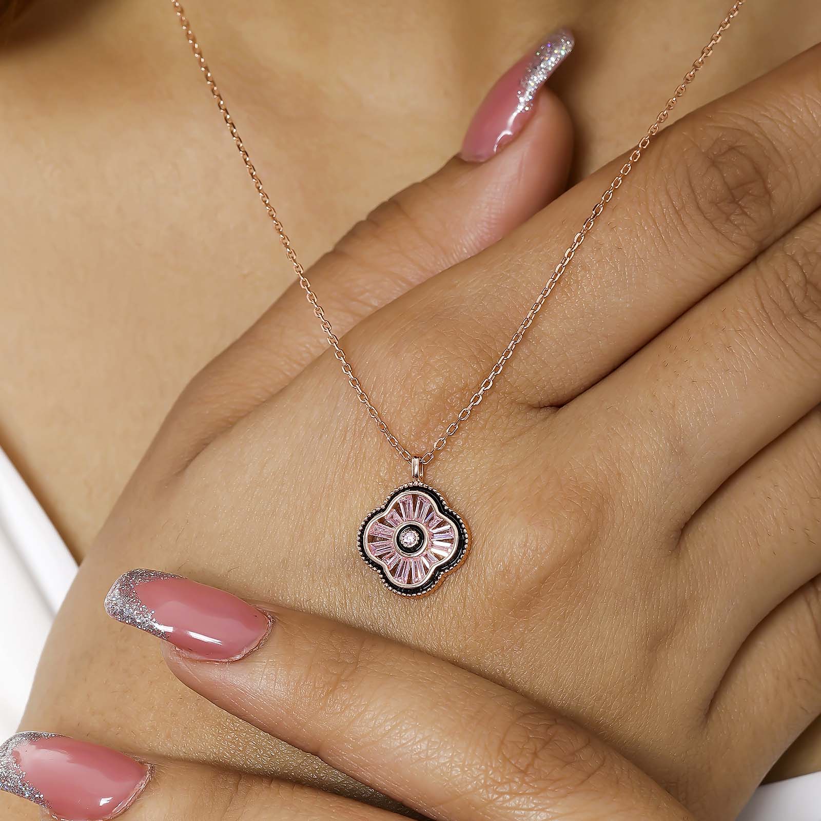 Silver Necklaces - Rose Gold Chain with Black Floral Pendant