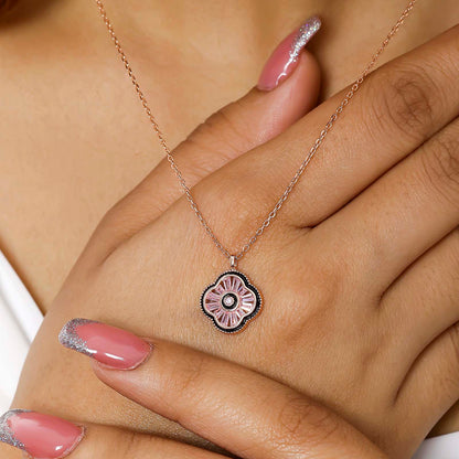 Silver Necklaces - Rose Gold Chain with Black Floral Pendant