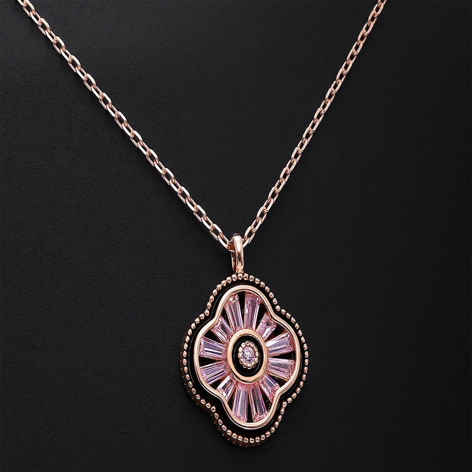 Silver Necklaces - Rose Gold Chain with Black Floral Pendant