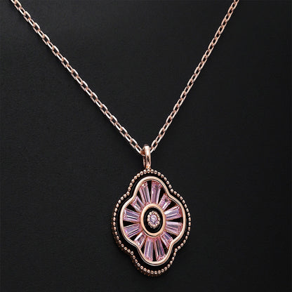 Silver Necklaces - Rose Gold Chain with Black Floral Pendant